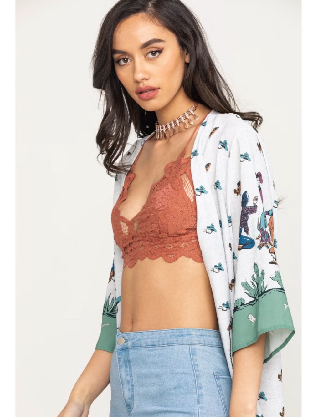 Free People FP One Adella Longline Smocked Lace Bralette in Copper